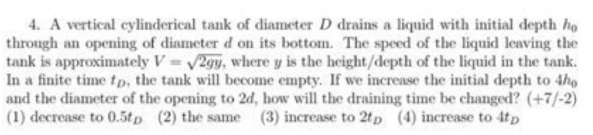 A vertical cylinderical tank of diameter D drains