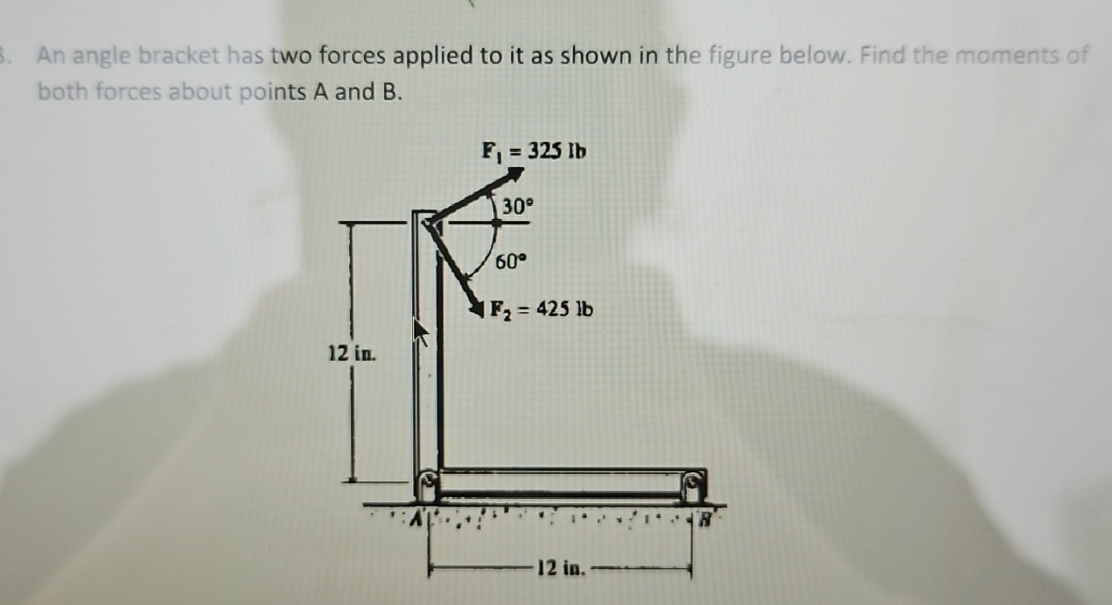 An angle bracket has two forces applied to it as