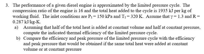 The performance of a given diesel engine is