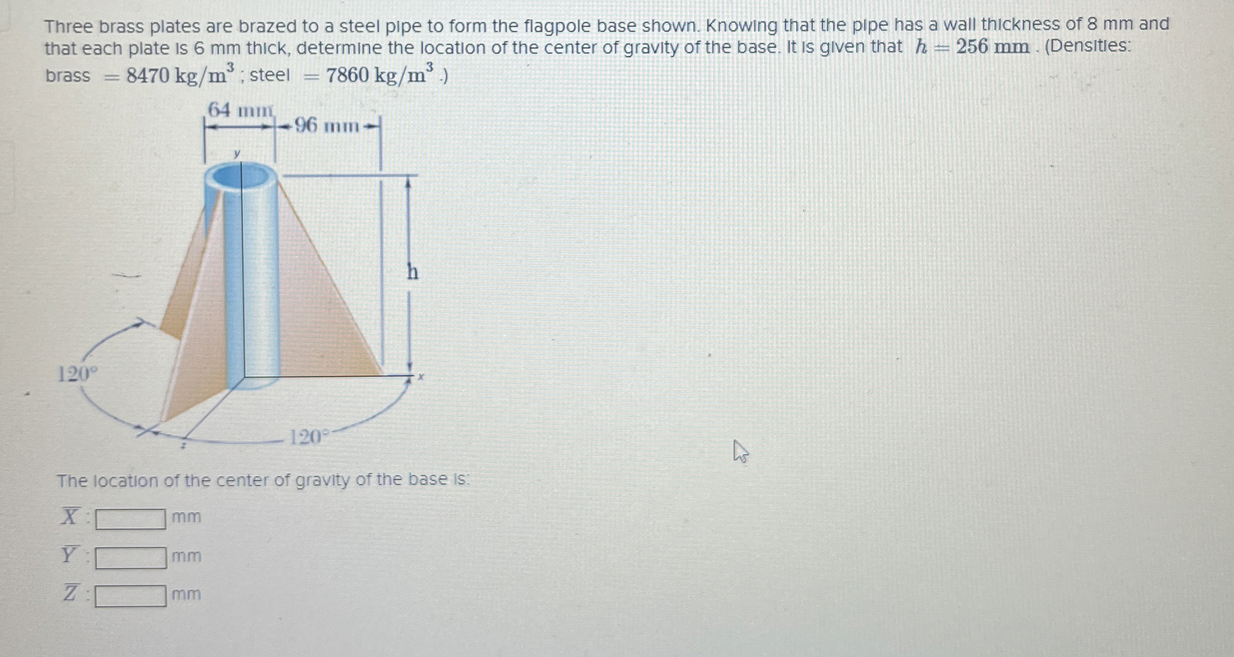 Three brass plates are brazed to a steel pipe to