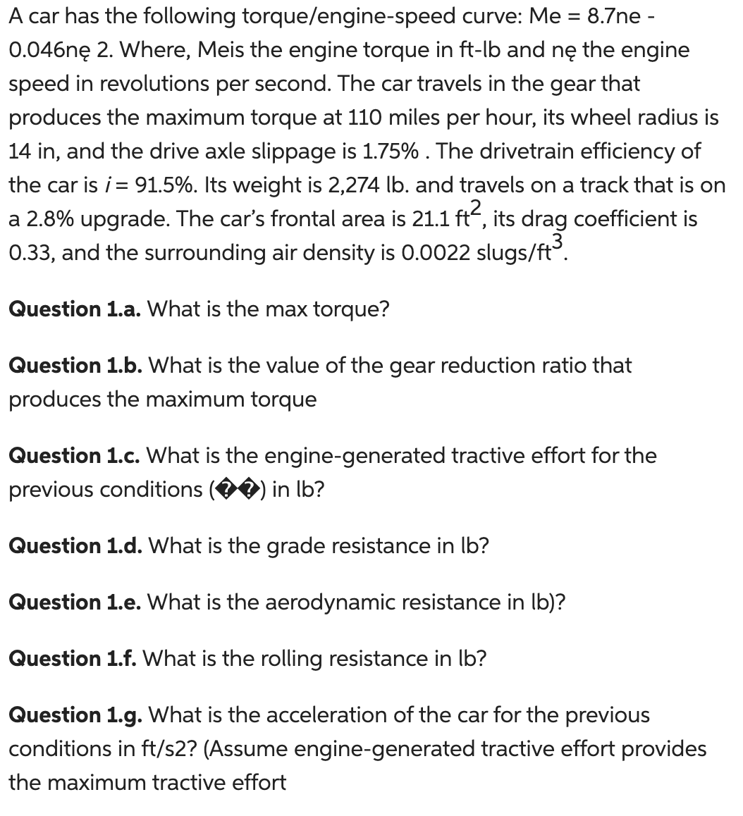 A car has the following torque / engine - speed