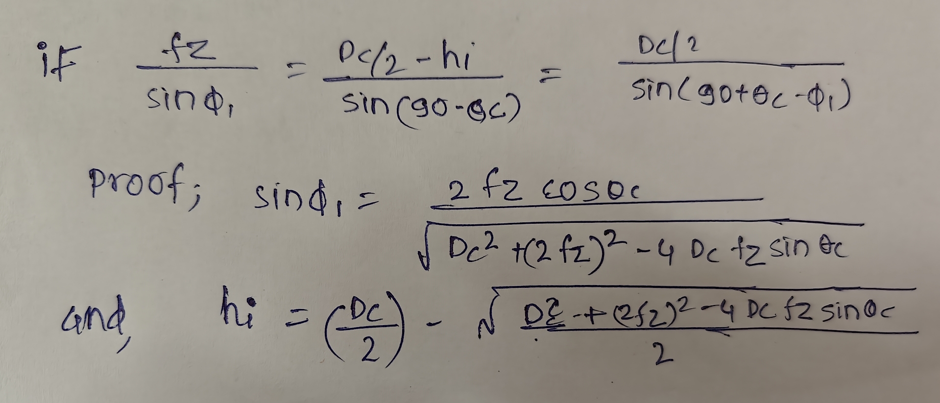 if f z s i n 1 = D c 2 - h i s i n ( 9 0 - C ) =