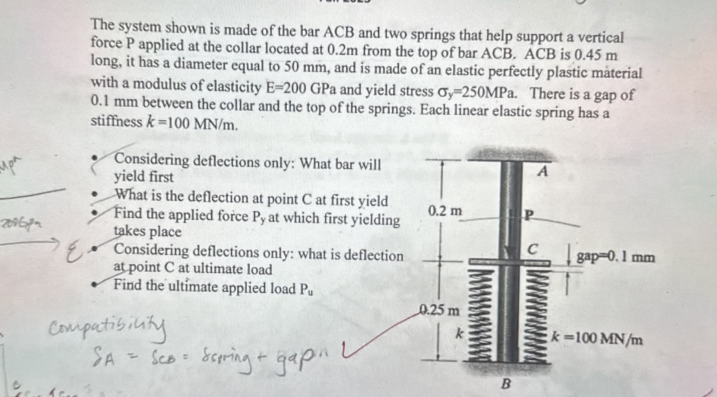 The system shown is made of the bar ACB and two