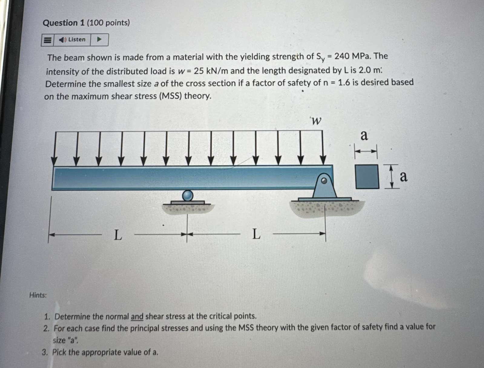 Question 1 ( 1 0 0 points ) Listen The beam shown