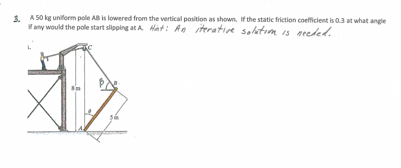 A 5 0 k g uniform pole A B is lowered from the