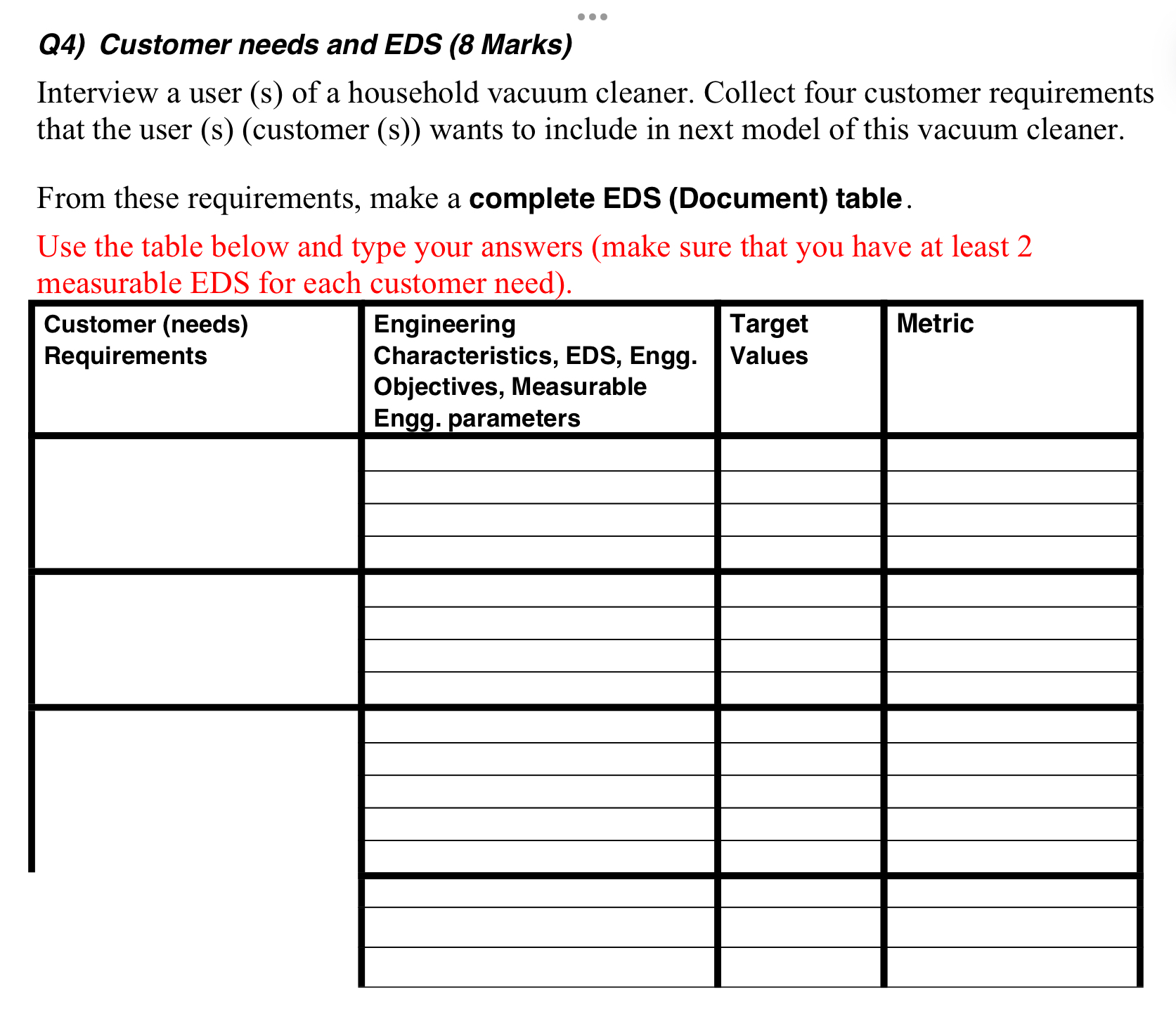 Q 4 ) Customer needs and EDS ( 8 Marks )