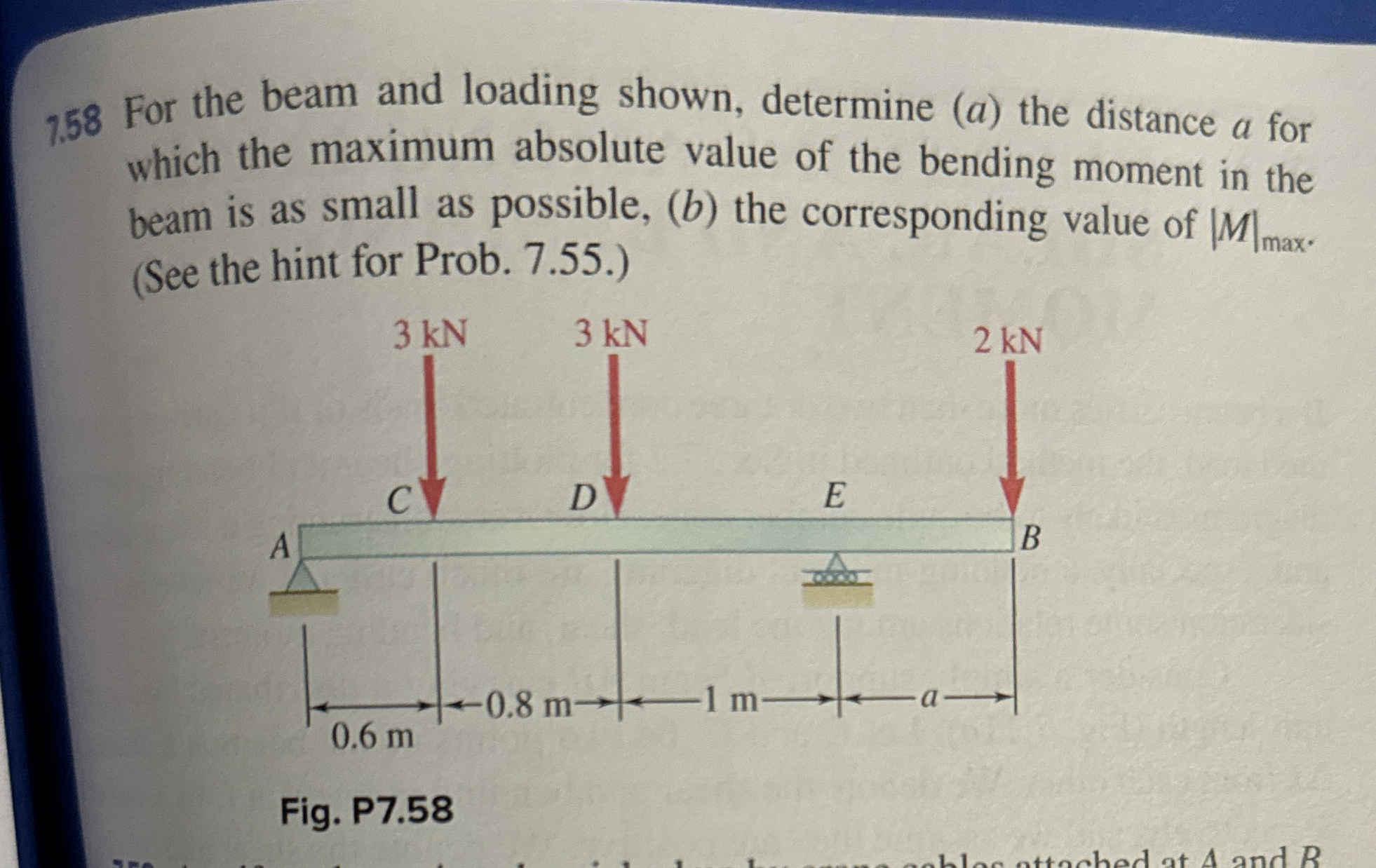 7 . 5 8 For the beam and loading shown, determine