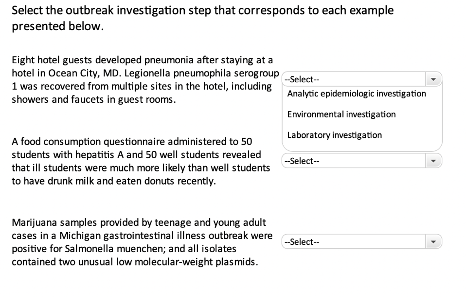 Select the outbreak investigation step that