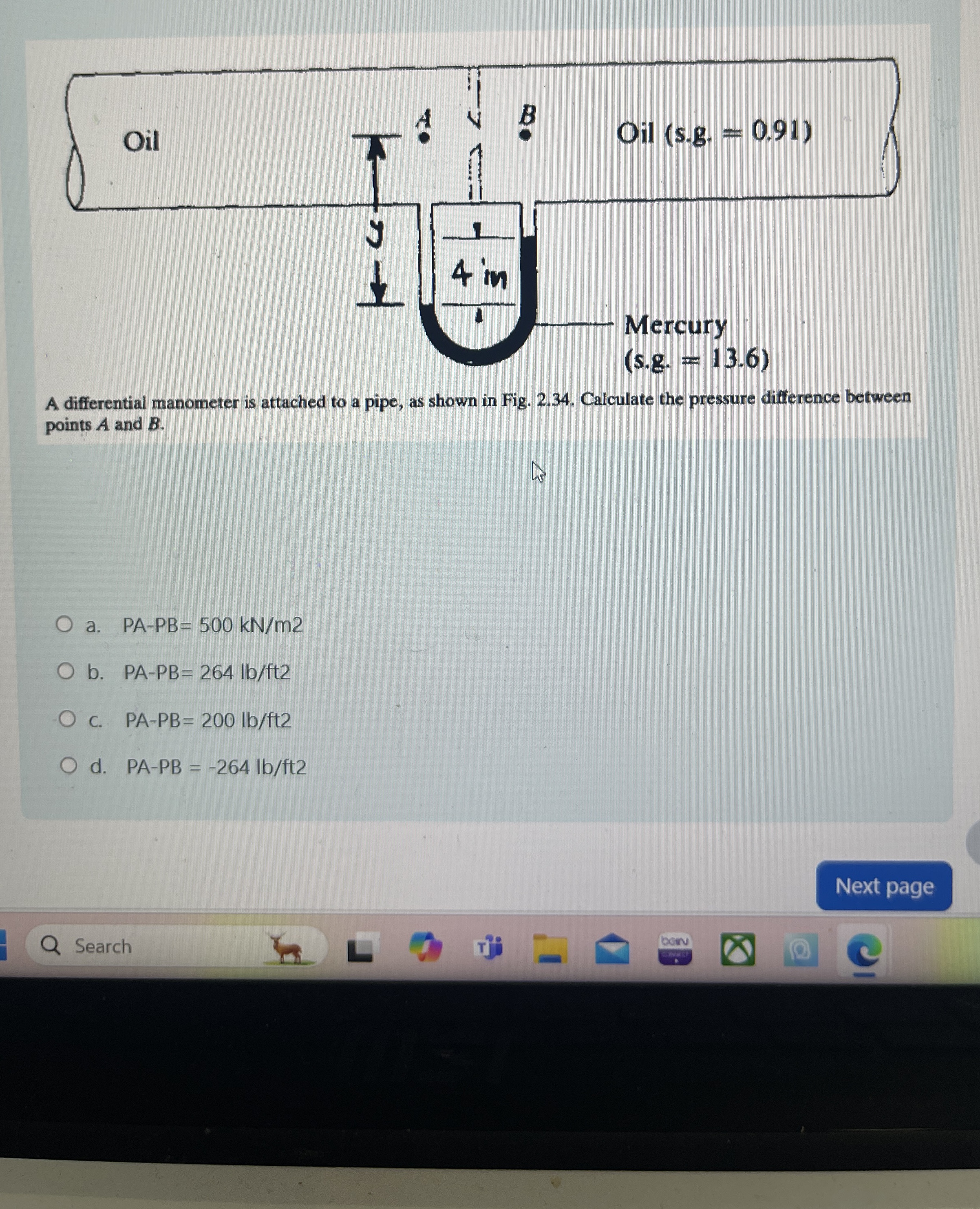 A differential manometer is attached to a pipe,