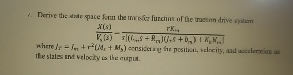 Derive the state space form the transfer function