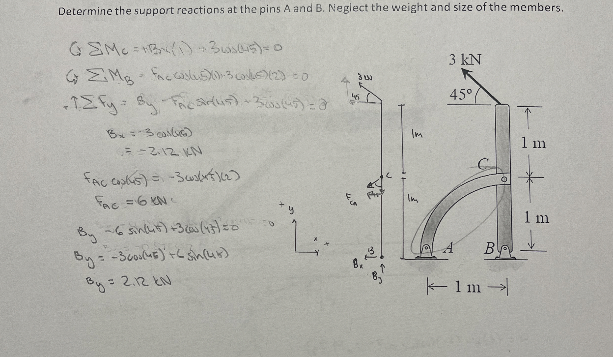 Determine the support reactions at the pins A and