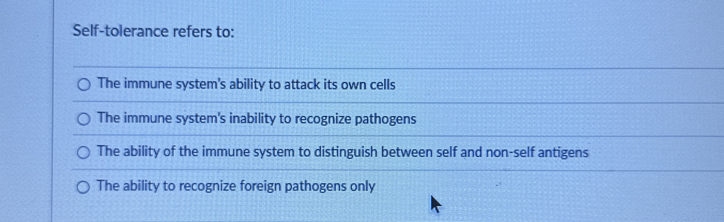 Self - tolerance refers to: The immune system's