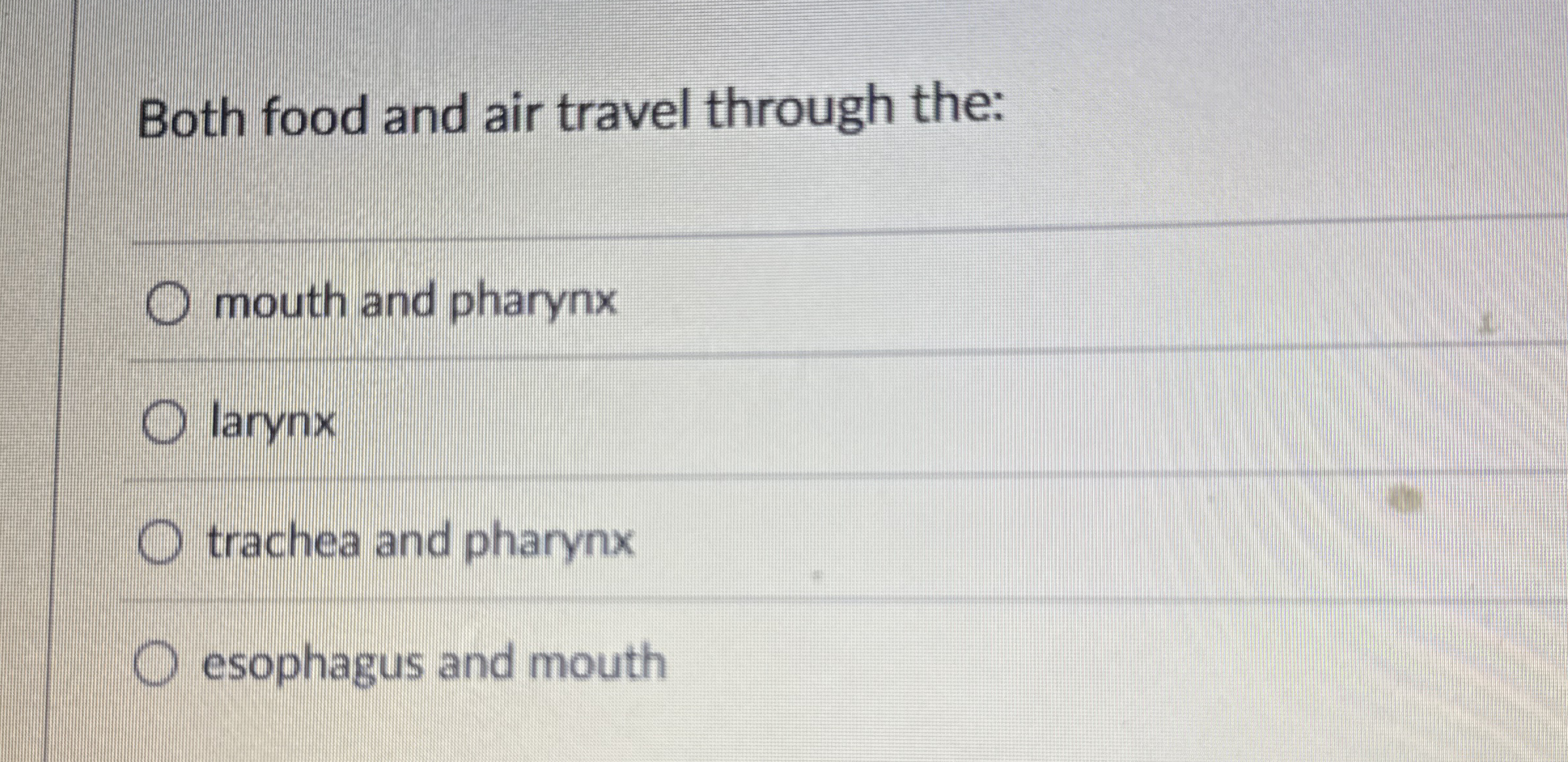 Both food and air travel through the: mouth and