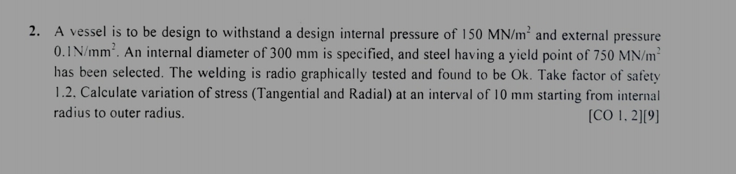 A vessel is to be design to withstand a design