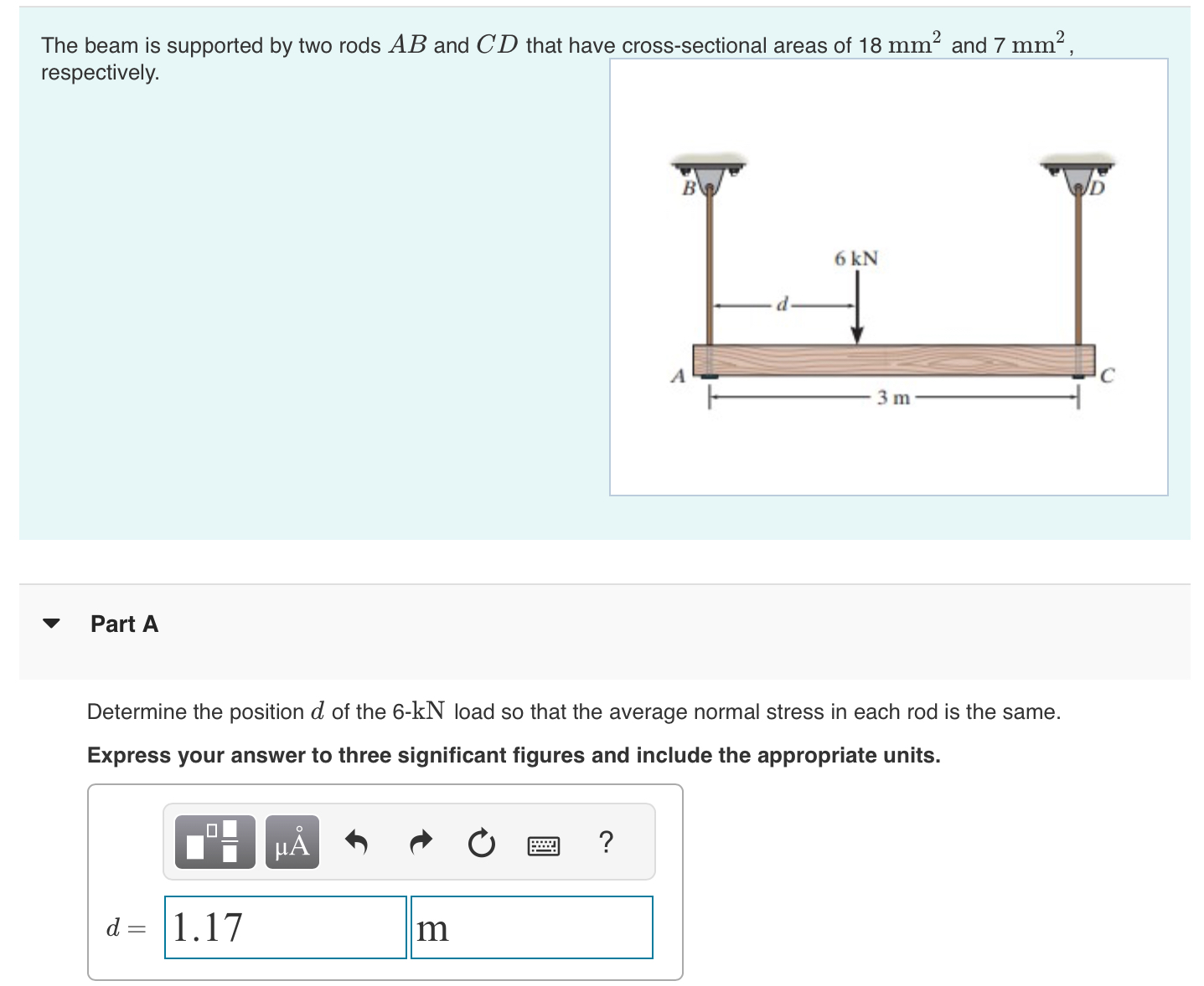 The beam is supported by two rods A B and C D