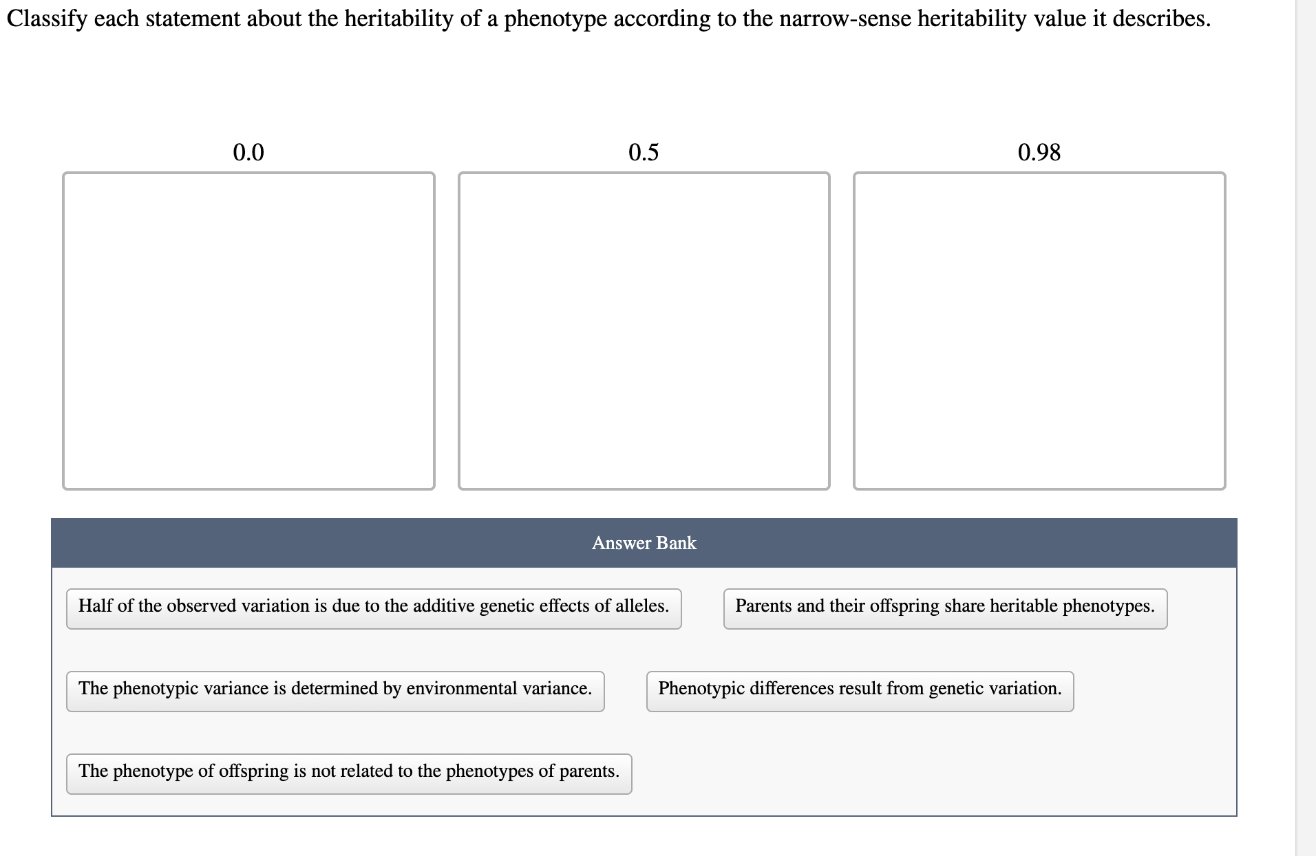 Classify each statement about the heritability of