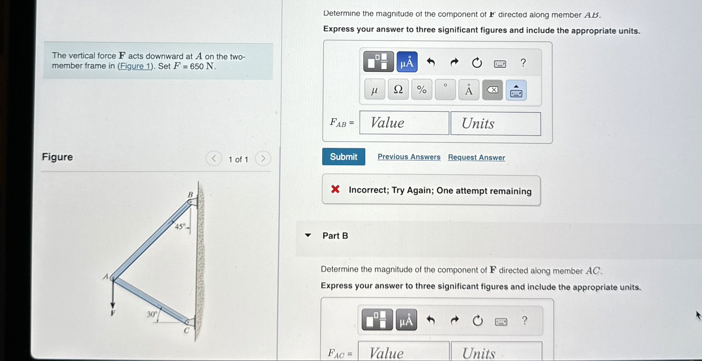 The vertical force F acts downward at A on the