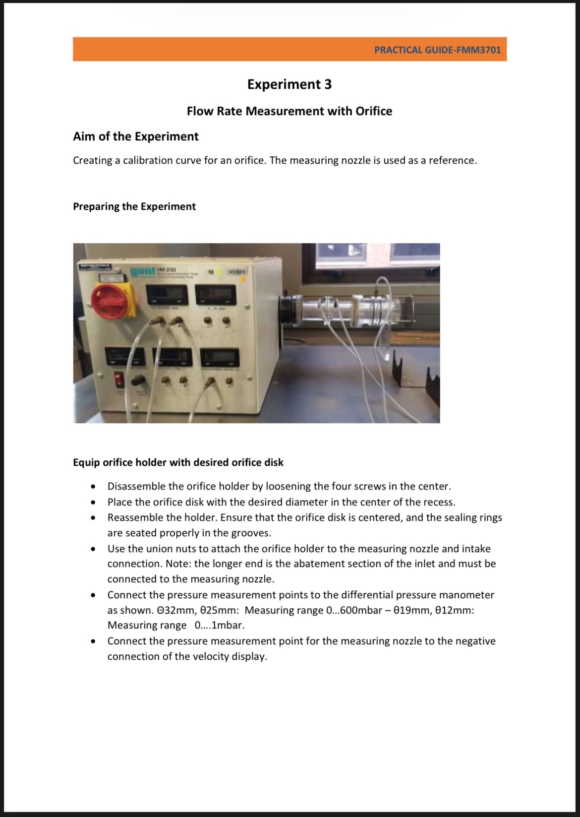 Experiment 3 Flow Rate Measurement with Orifice