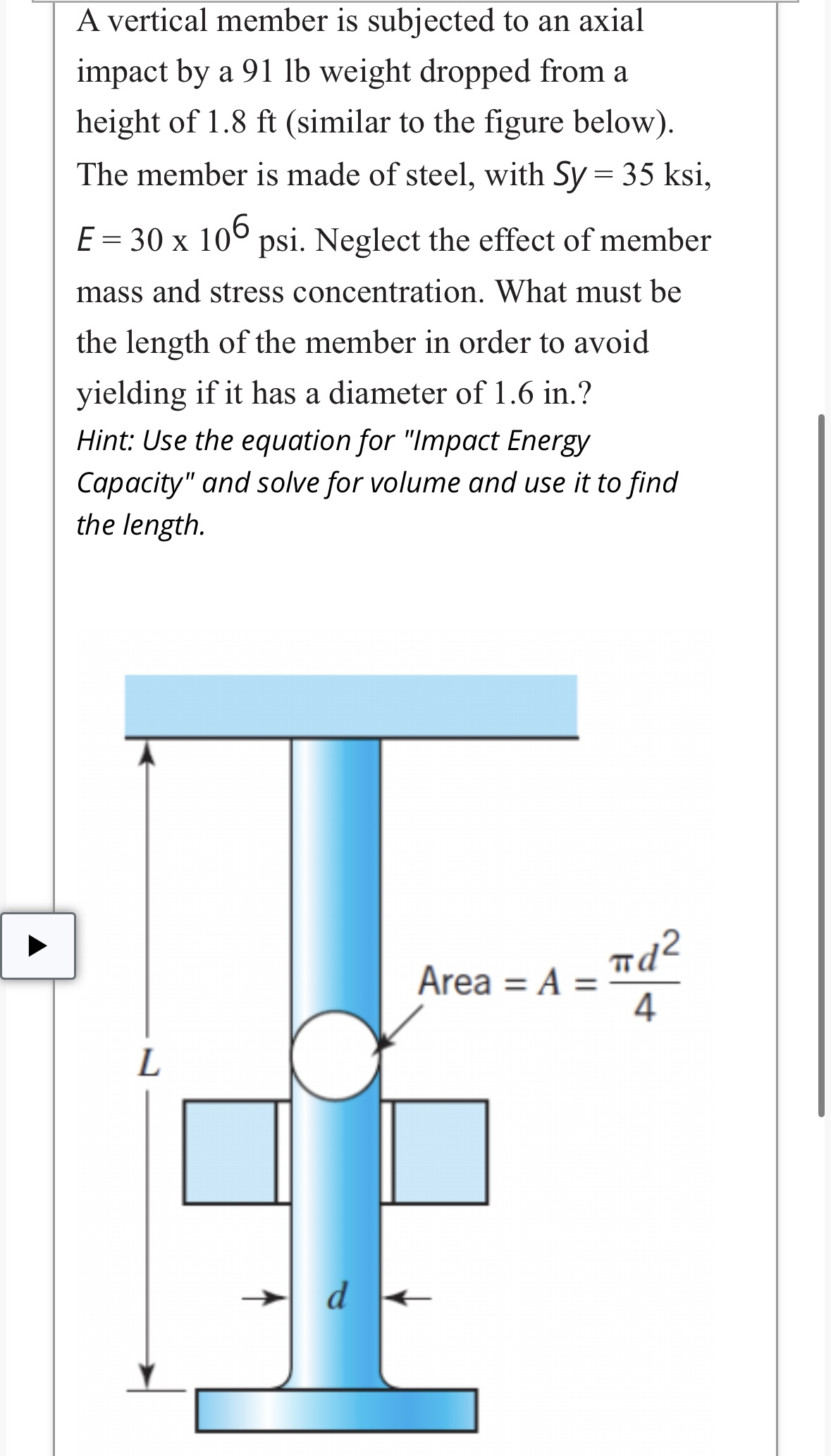 A vertical member is subjected to an axial impact