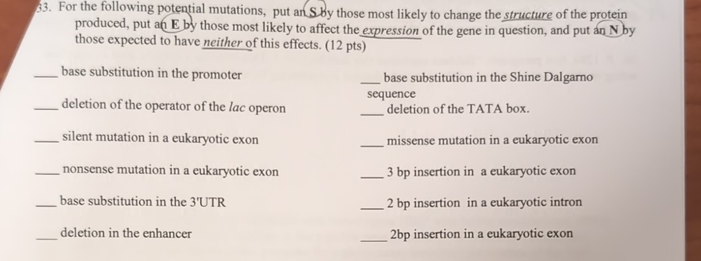 For the following potential mutations, put an S .