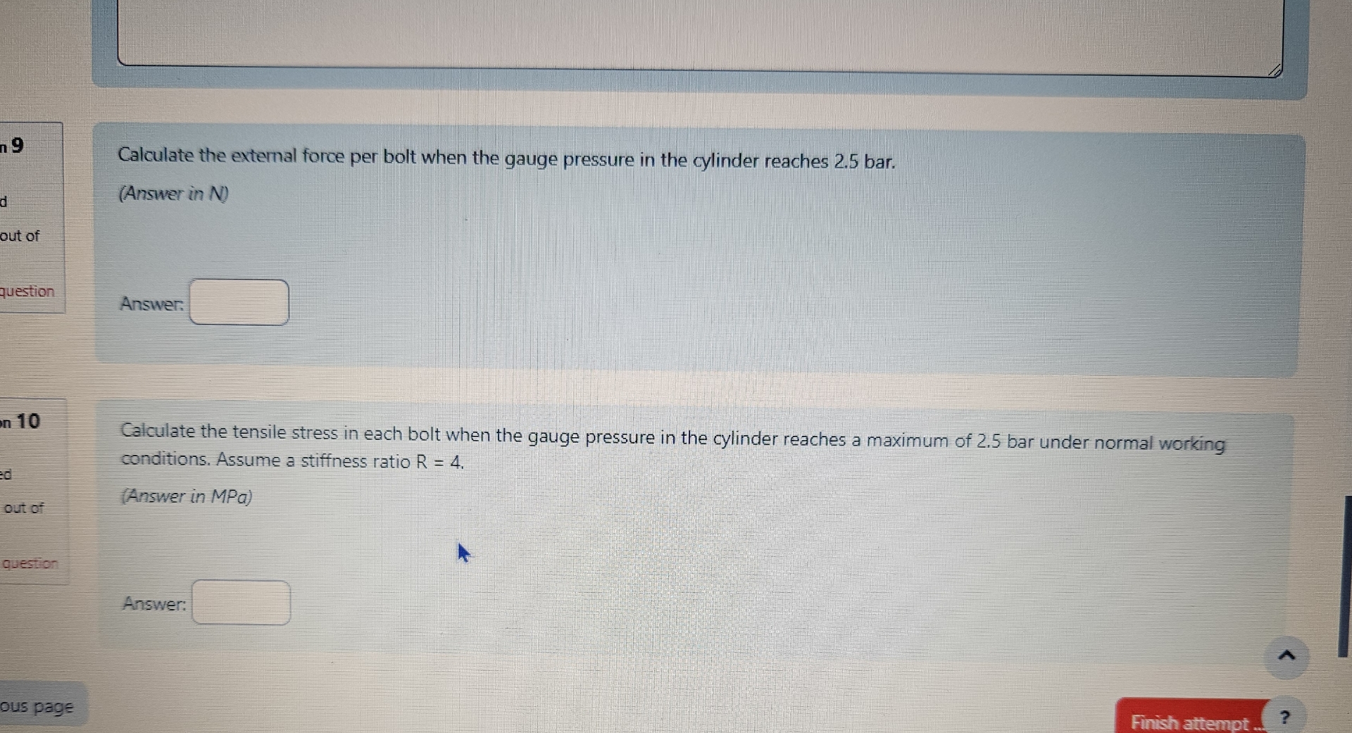 n 9 Calculate the external force per bolt when