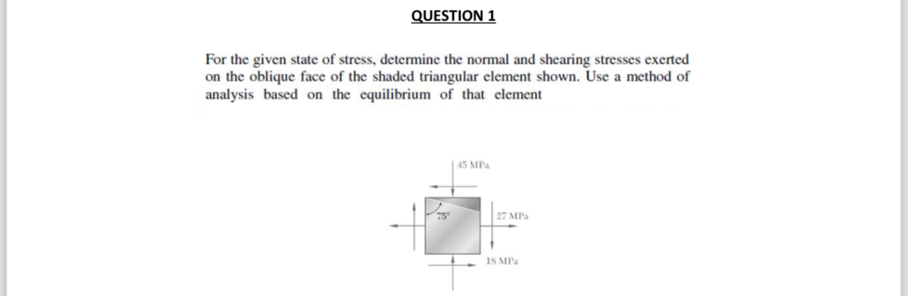 QUESTION 1 For the given state of stress,