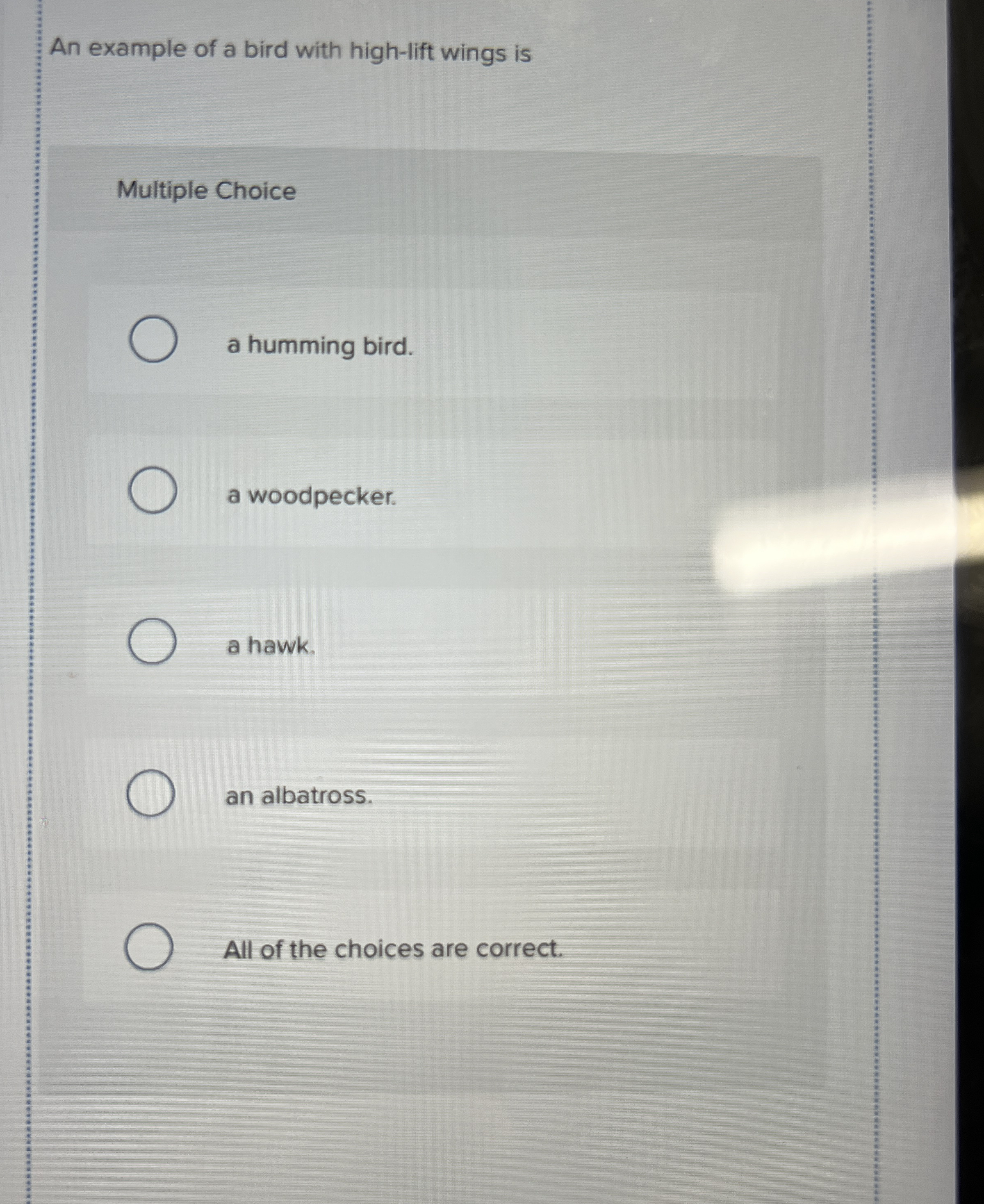 An example of a bird with high - lift wings is