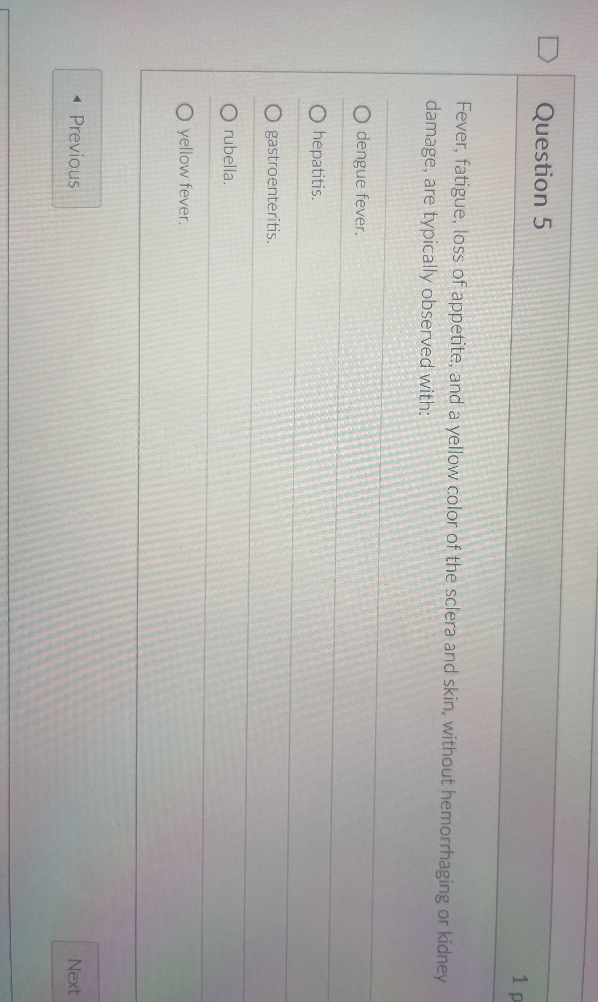 Question 5 1 p Fever, fatigue, loss of appetite,