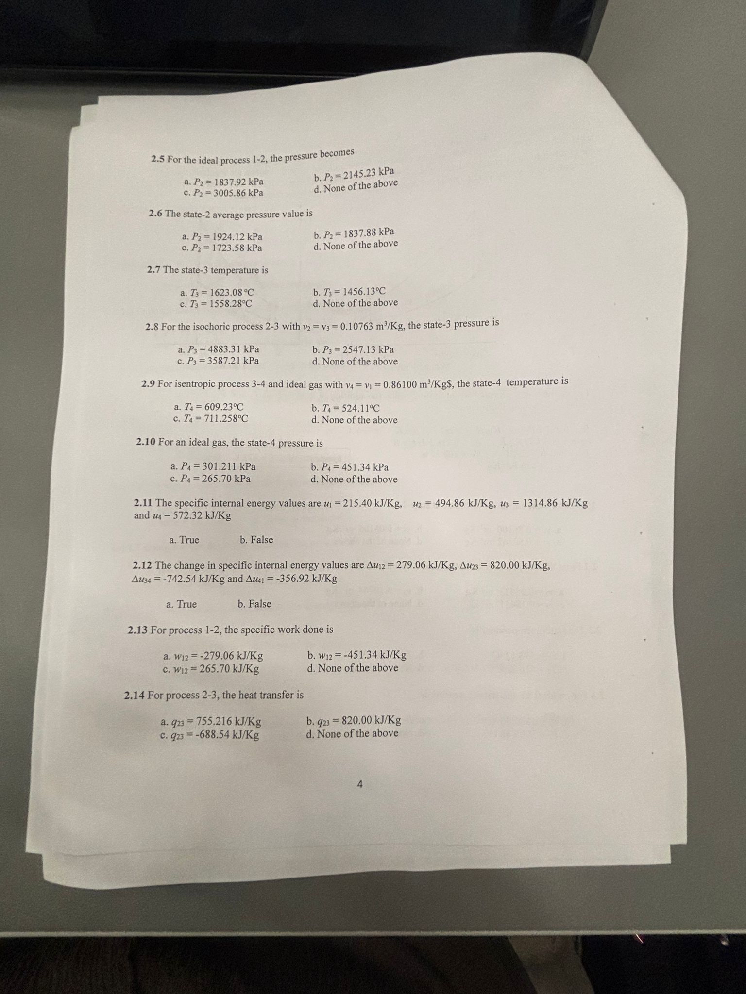 2 . 5 For the ideal process 1 - 2 , the pressure