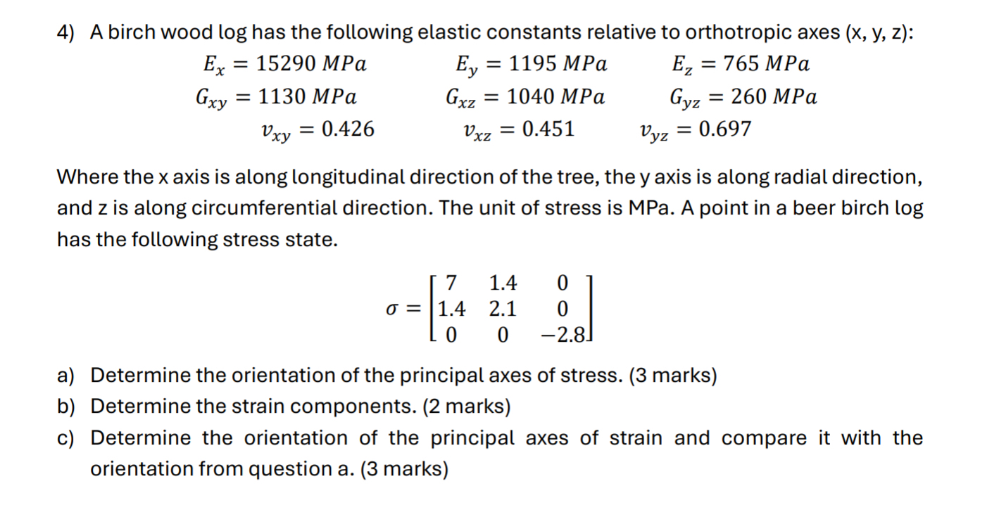 A birch wood log has the following elastic