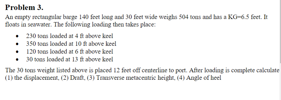 Problem 3 . An empty rectangular barge 1 4 0 feet