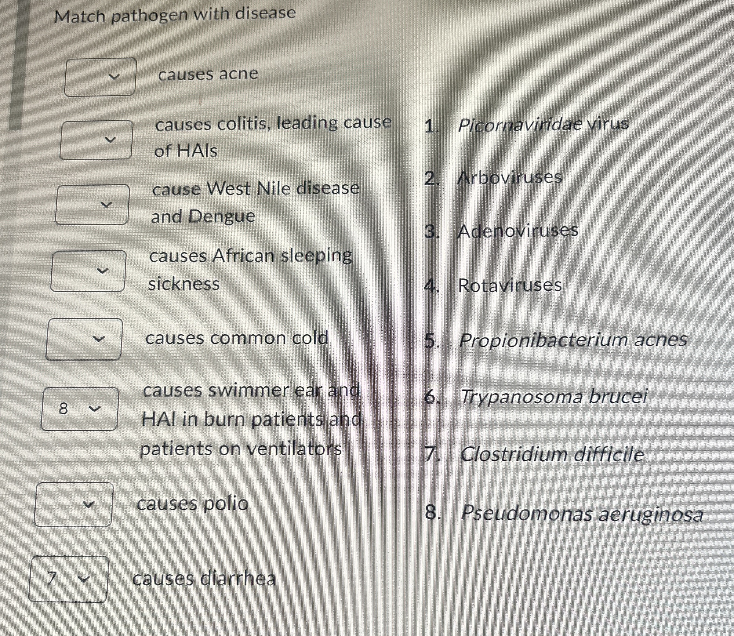 Match pathogen with disease causes acne causes