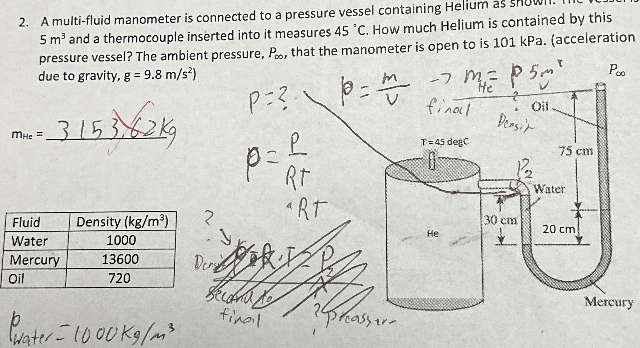 A multi - fluid manometer is connected to a