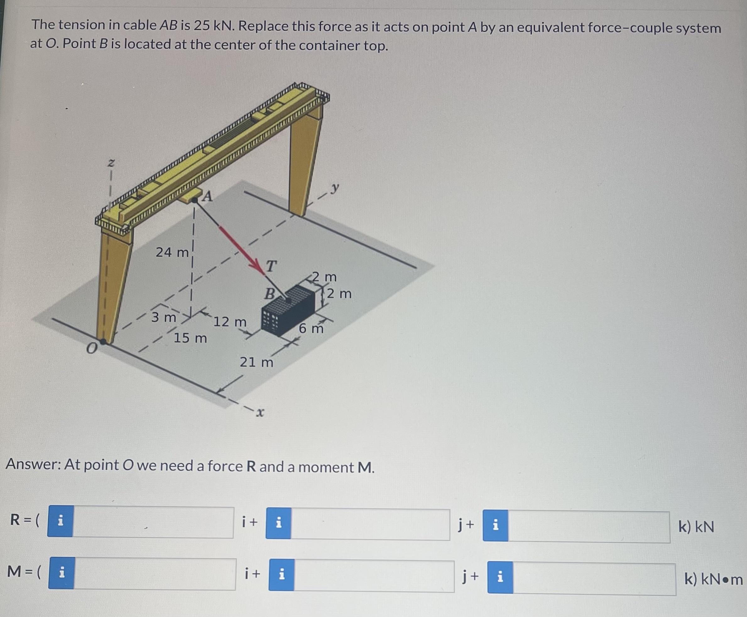 The tension in cable A B is 2 5 kN . Replace this