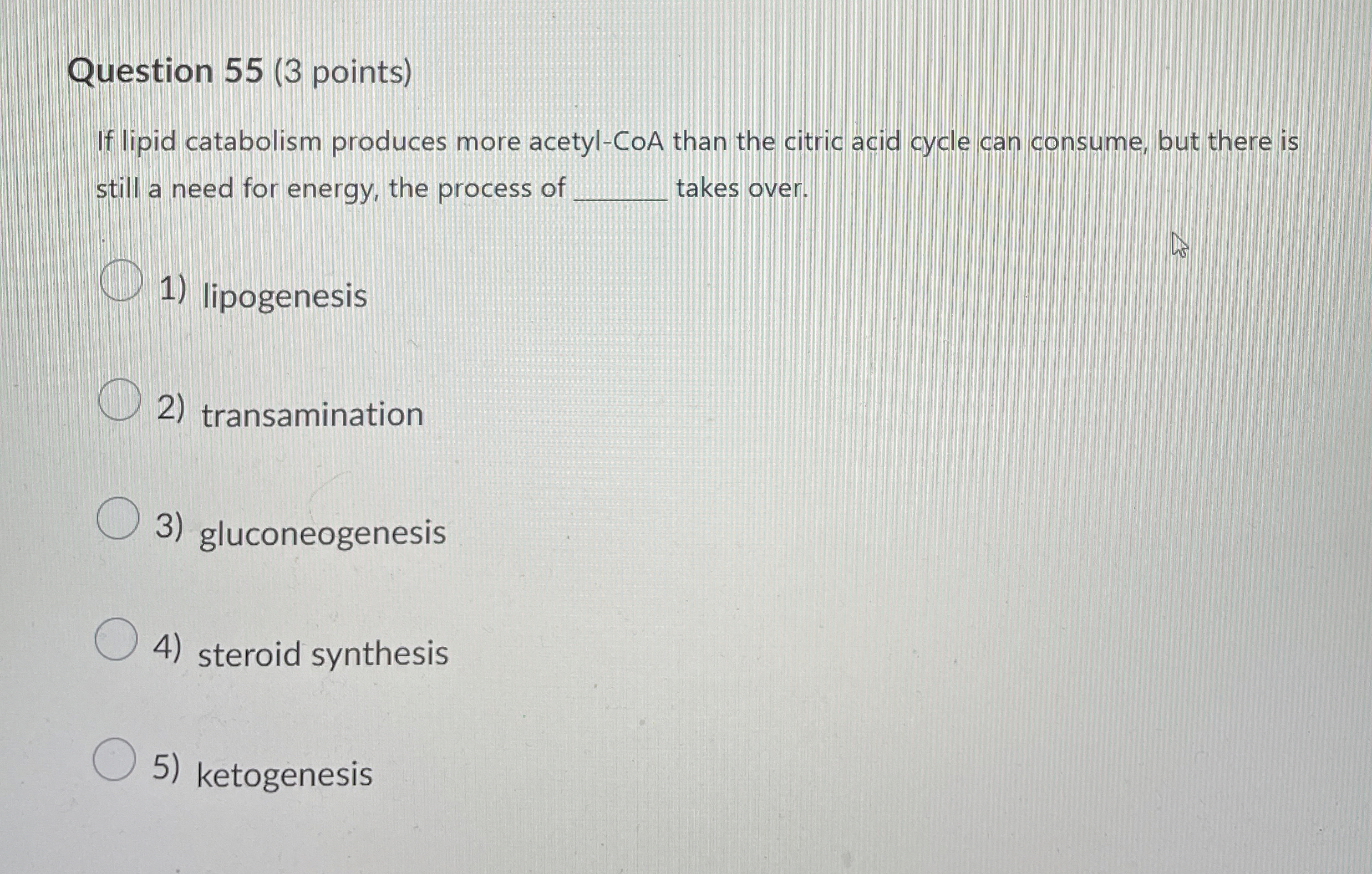 Question 5 5 ( 3 points ) If lipid catabolism