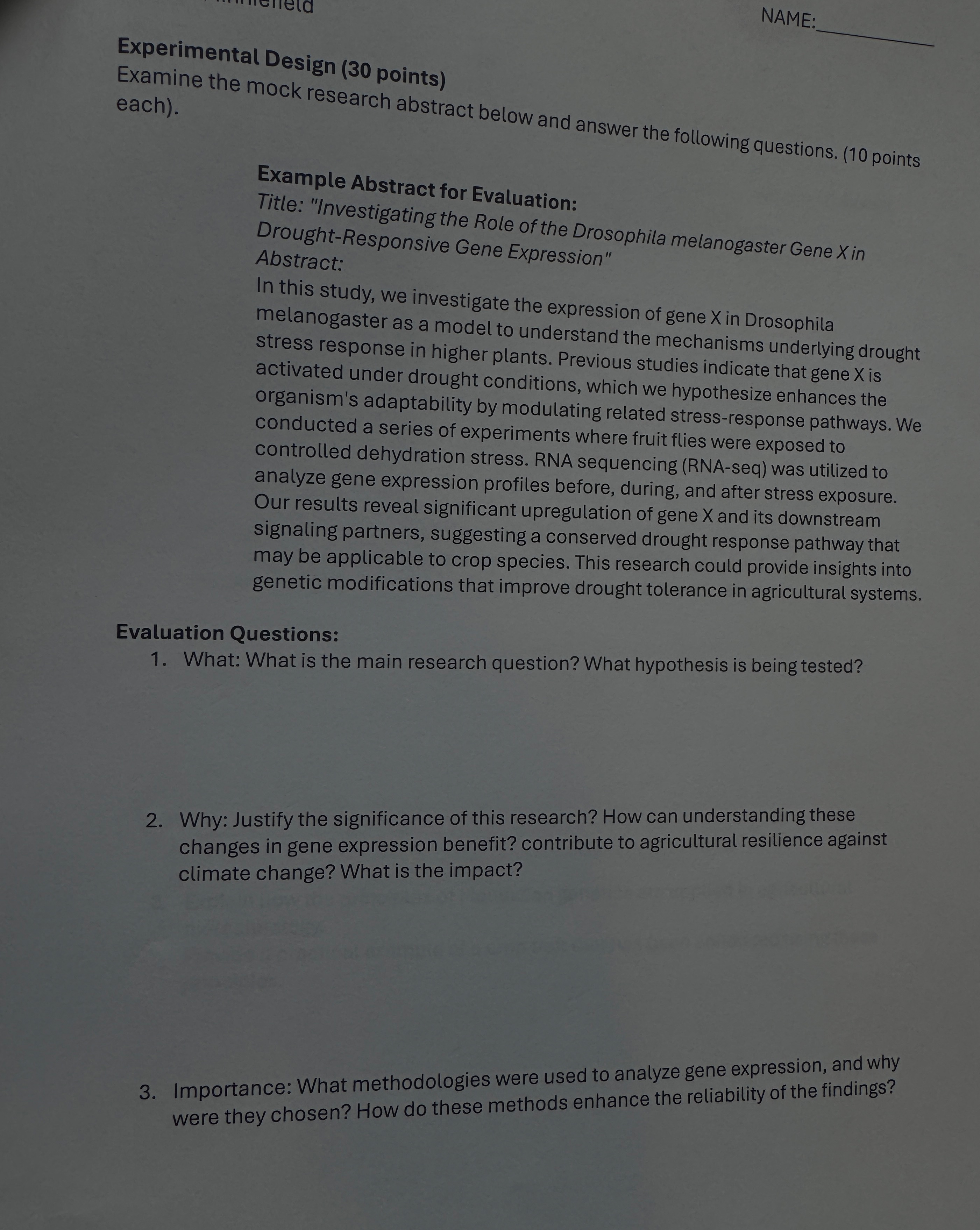 NAME: Experimental Design ( 3 0 points ) Examine