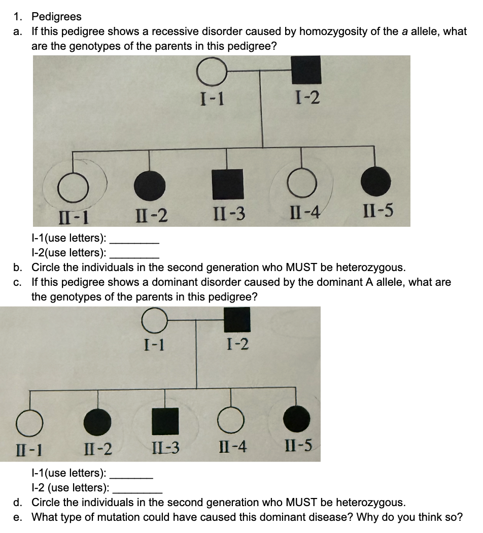1 . Pedigrees a . If this pedigree shows a
