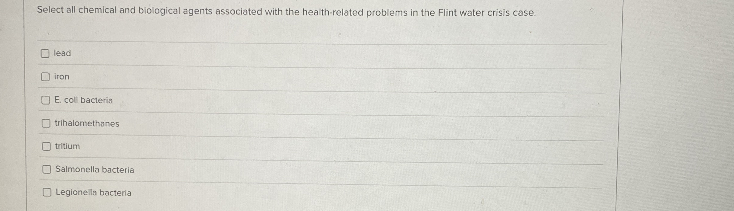 Select all chemical and biological agents