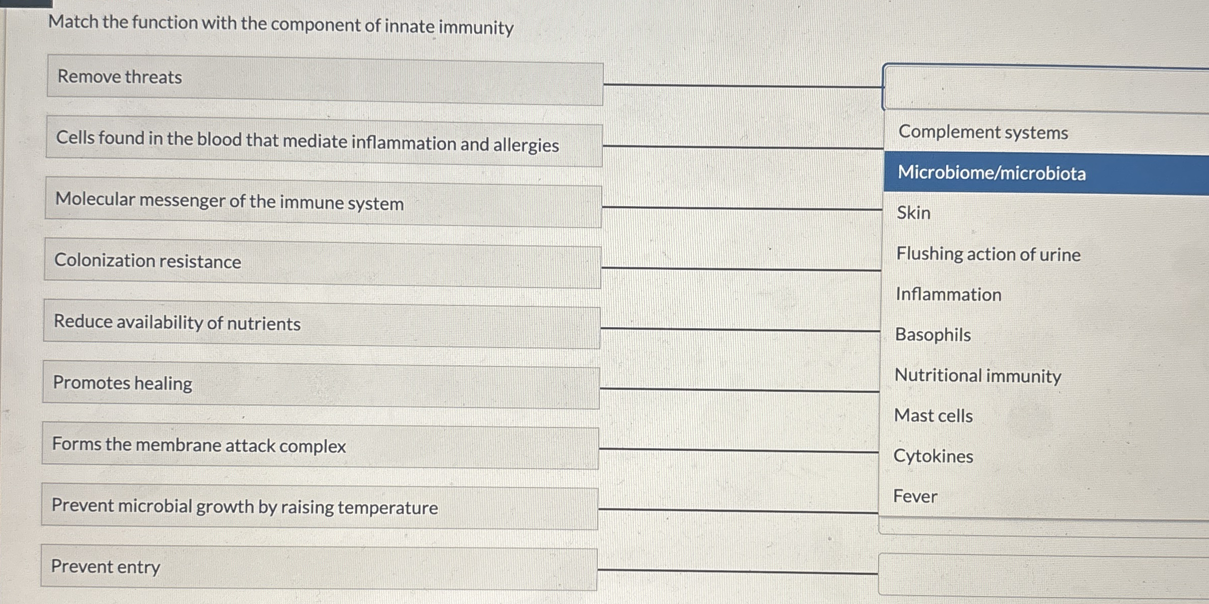 Match the function with the component of innate