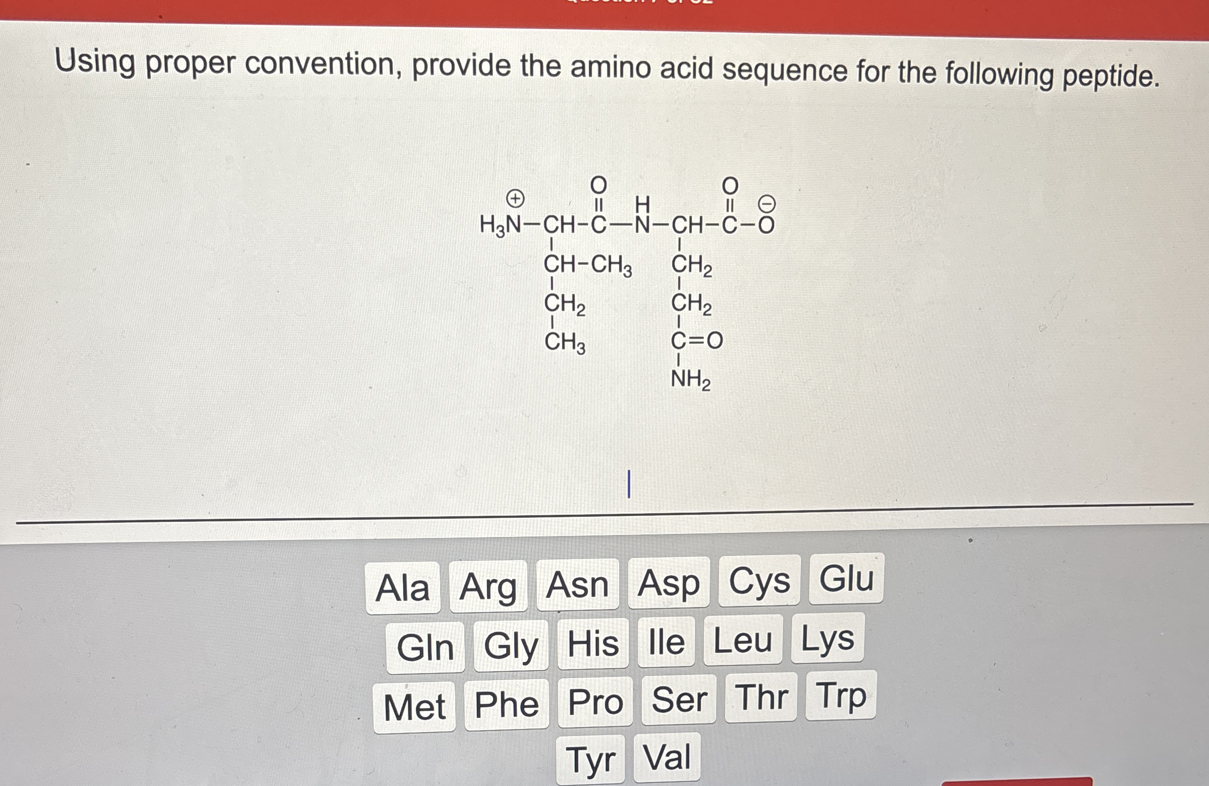 Using proper convention, provide the amino acid