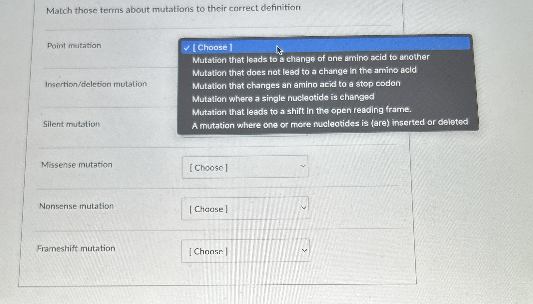 Match those terms about mutations to their