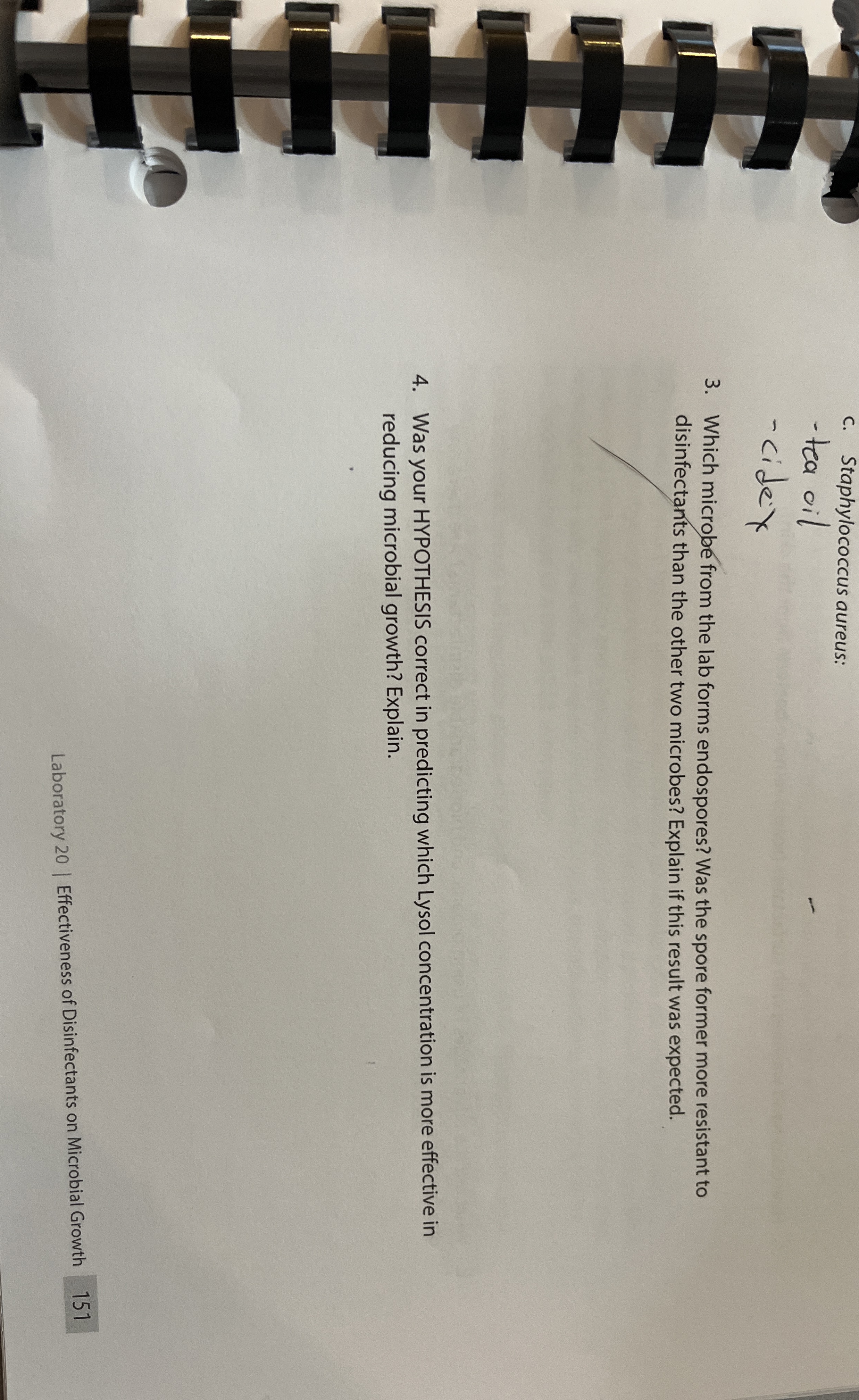 C . Staphylococcus aureus: tea oil cide x Which
