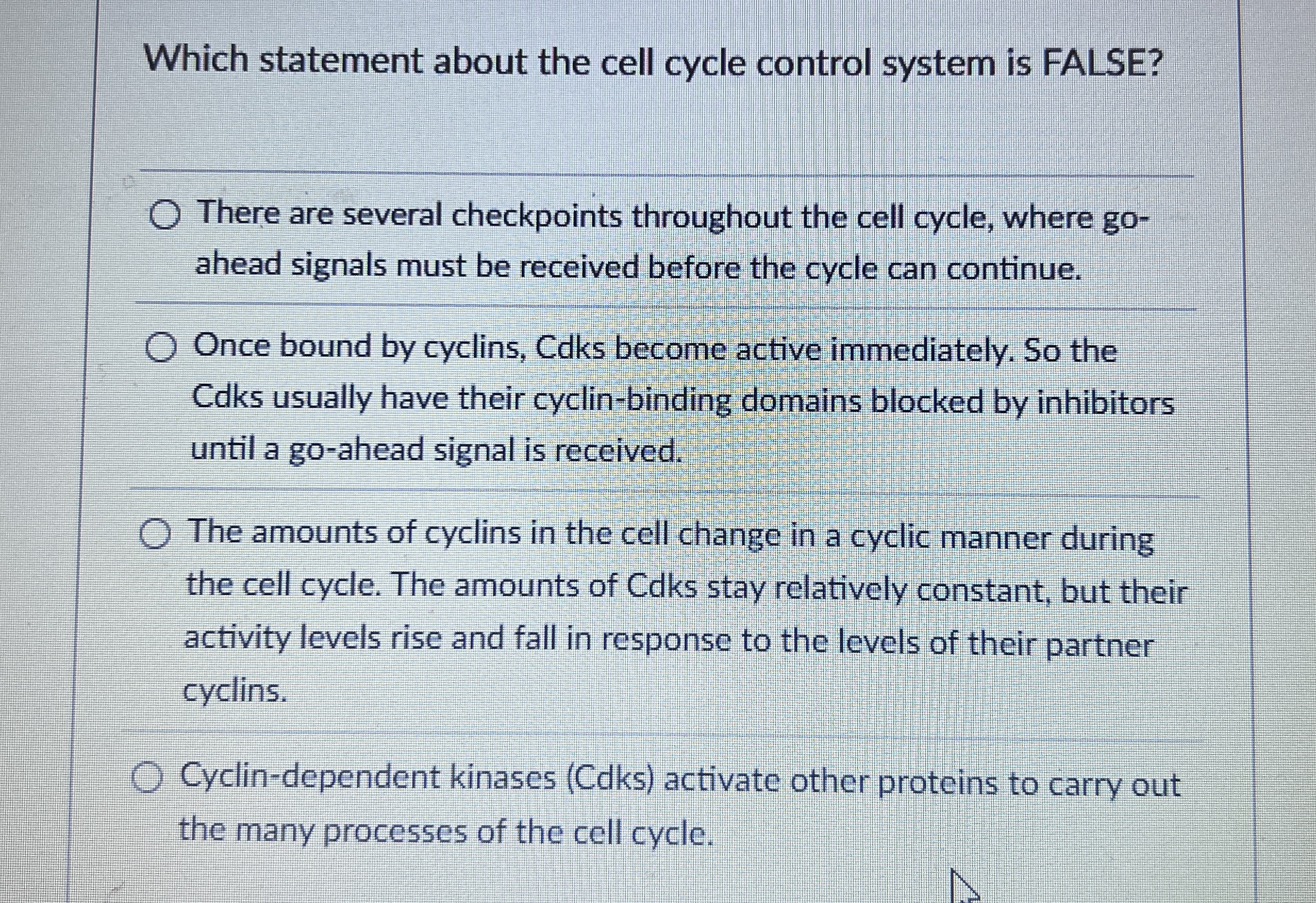 Which statement about the cell cycle control