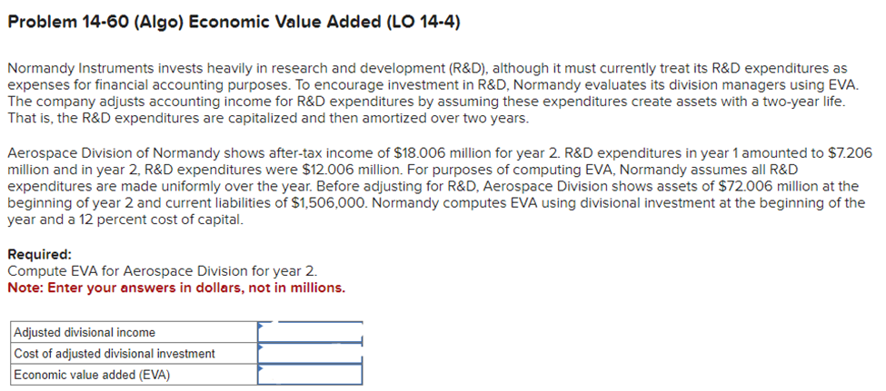 Problem 14-60 (Algoi Economic Value Added (LO