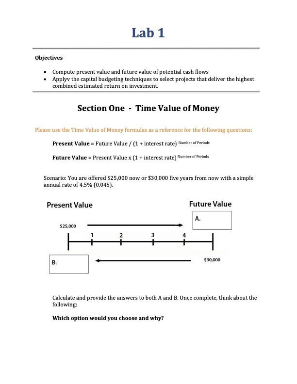 Lab 1 Objectives Compute present value and future