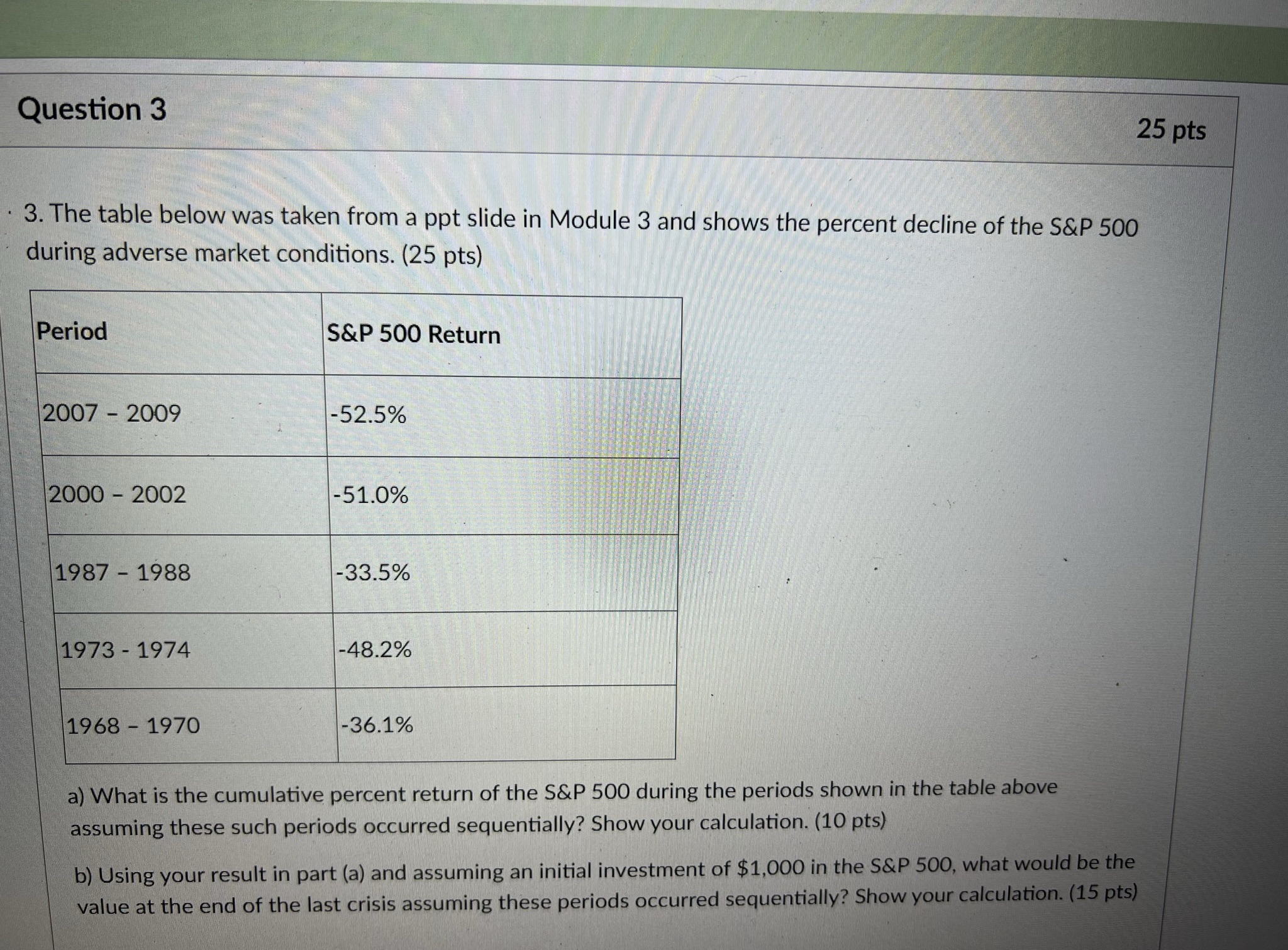 Question 3 25 pts 3. The table below was taken