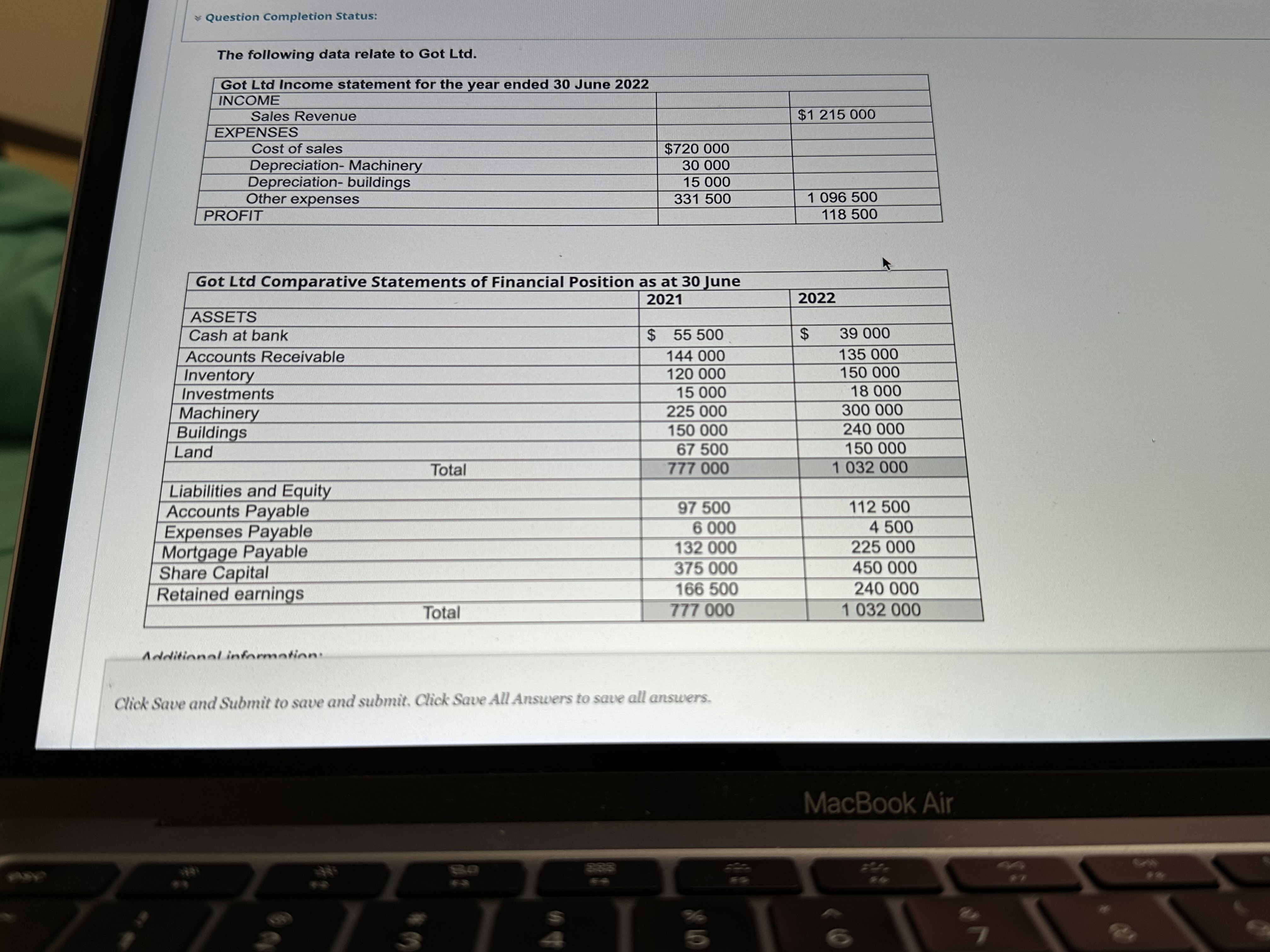 Question Completion Status: The following data
