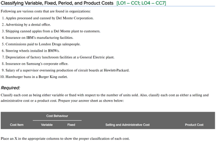 Classifying Variable, Fixed, Period, and Product