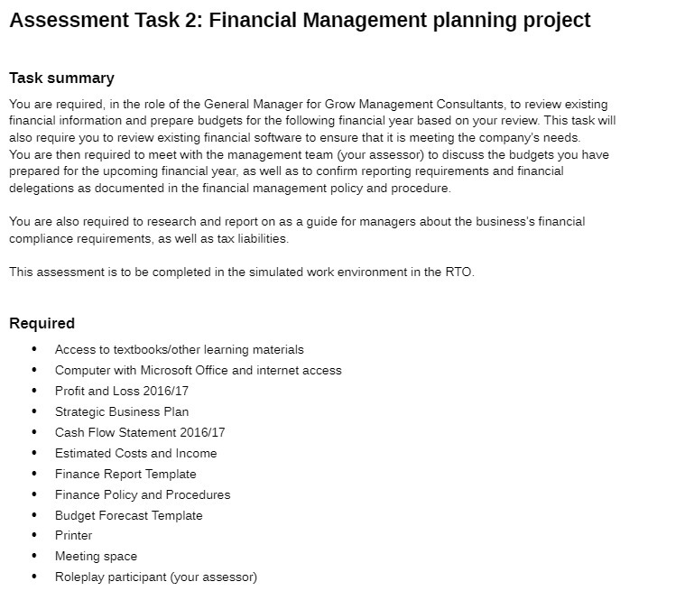 Assessment Task 2: Financial Management planning