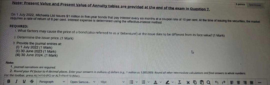 5 points Save horwar Note: Present Value and